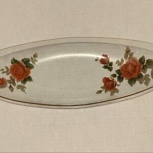 Retro Oblong Pilkington Chance England Glass Dish Roses Gold Rim
